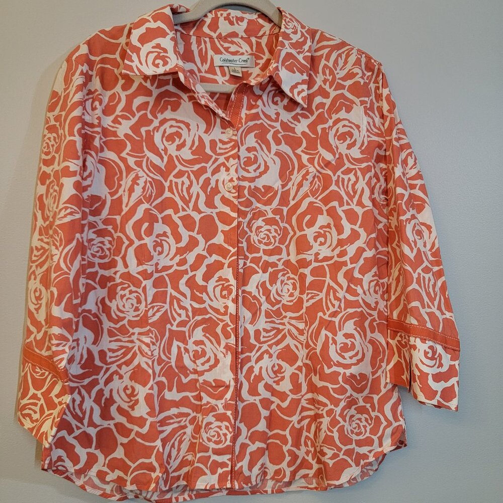 Coldwater Creek Coral White‎ Button-Down Blouse with Cute 3/4 Sleeves Sz L